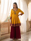 Marigold Mela Mustard Chinon Readymade Peplum Suit And Palazzo With Maroon Net Dupatta - mood