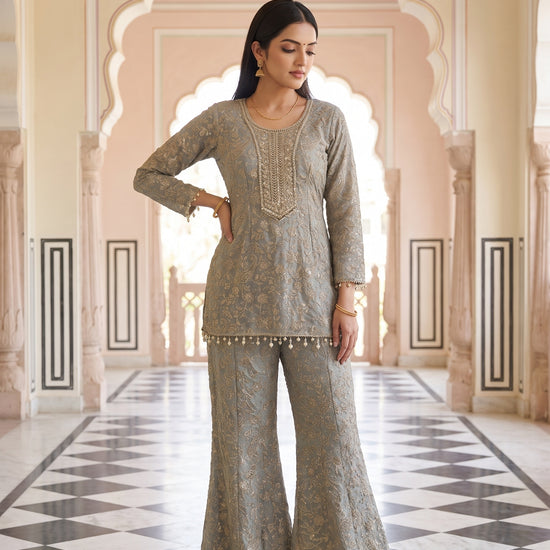 Silver Mist Grey Georgette Readymade Embroidered Sharara Set With Net Dupatta - mood