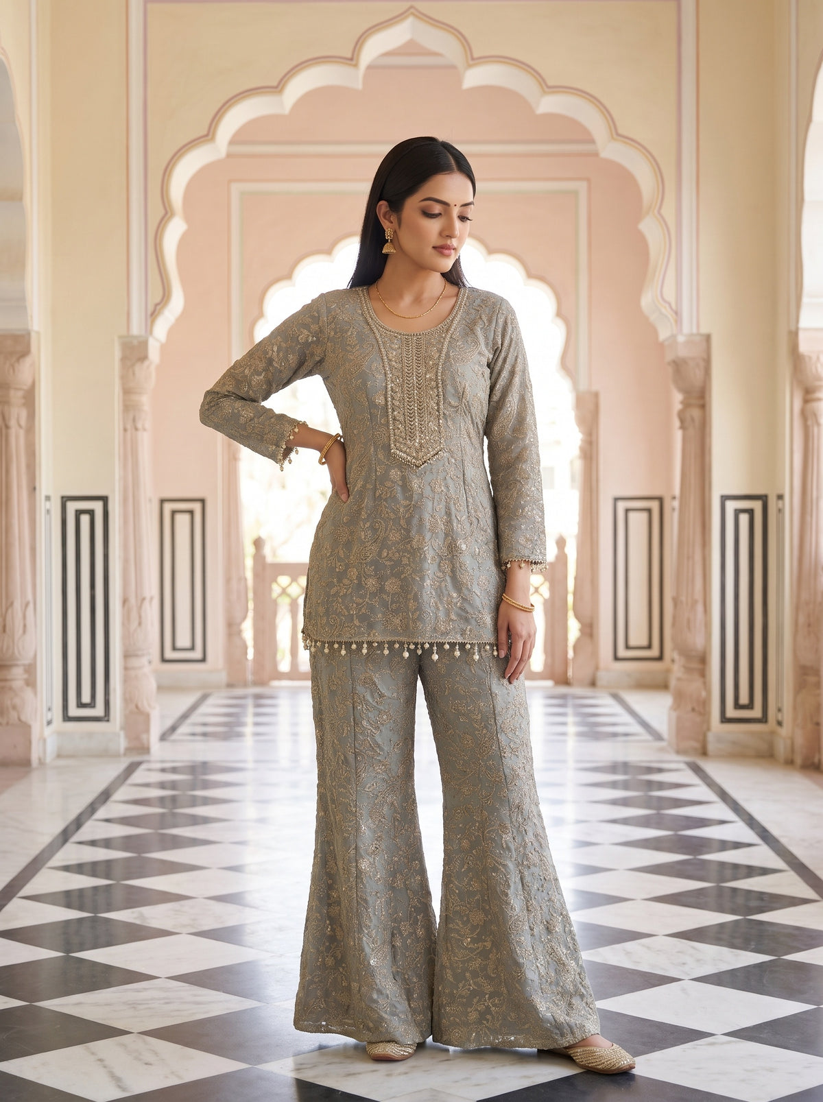 Silver Mist Grey Georgette Readymade Embroidered Sharara Set With Net Dupatta - mood