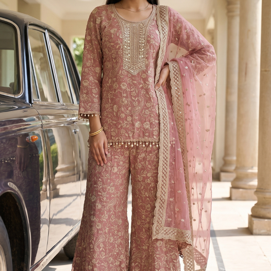 Rose Heritage Gajari Georgette Readymade Embroidered Suit And Palazzo With Georgette Dupatta - hero