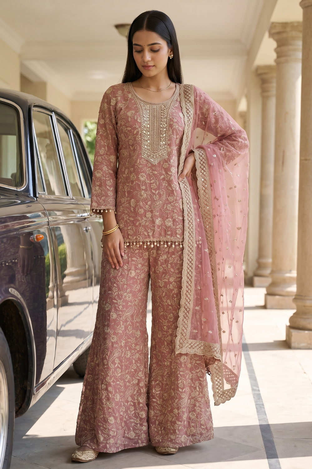 Rose Heritage Gajari Georgette Readymade Embroidered Suit And Palazzo With Georgette Dupatta - hero