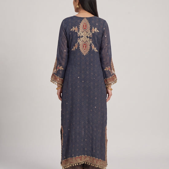 Midnight Mehfil Blue Crepe Readymade Suit And Pant With Contrast Dupatta - back