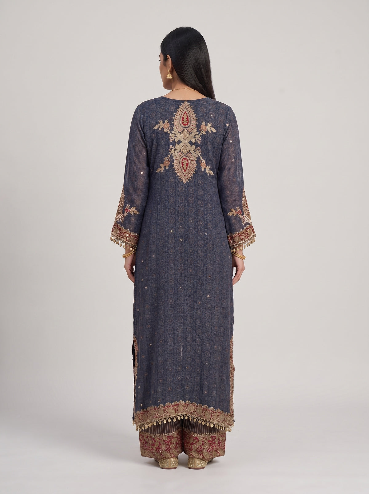 Midnight Mehfil Blue Crepe Readymade Suit And Pant With Contrast Dupatta - back