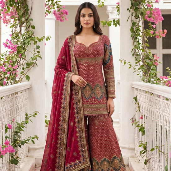 Rajkumari Maroon Crepe Readymade Heavy Embroidered Sharara Set With Net Dupatta - hero