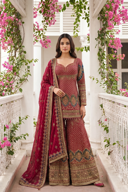 Rajkumari Maroon Crepe Readymade Heavy Embroidered Sharara Set With Net Dupatta - hero