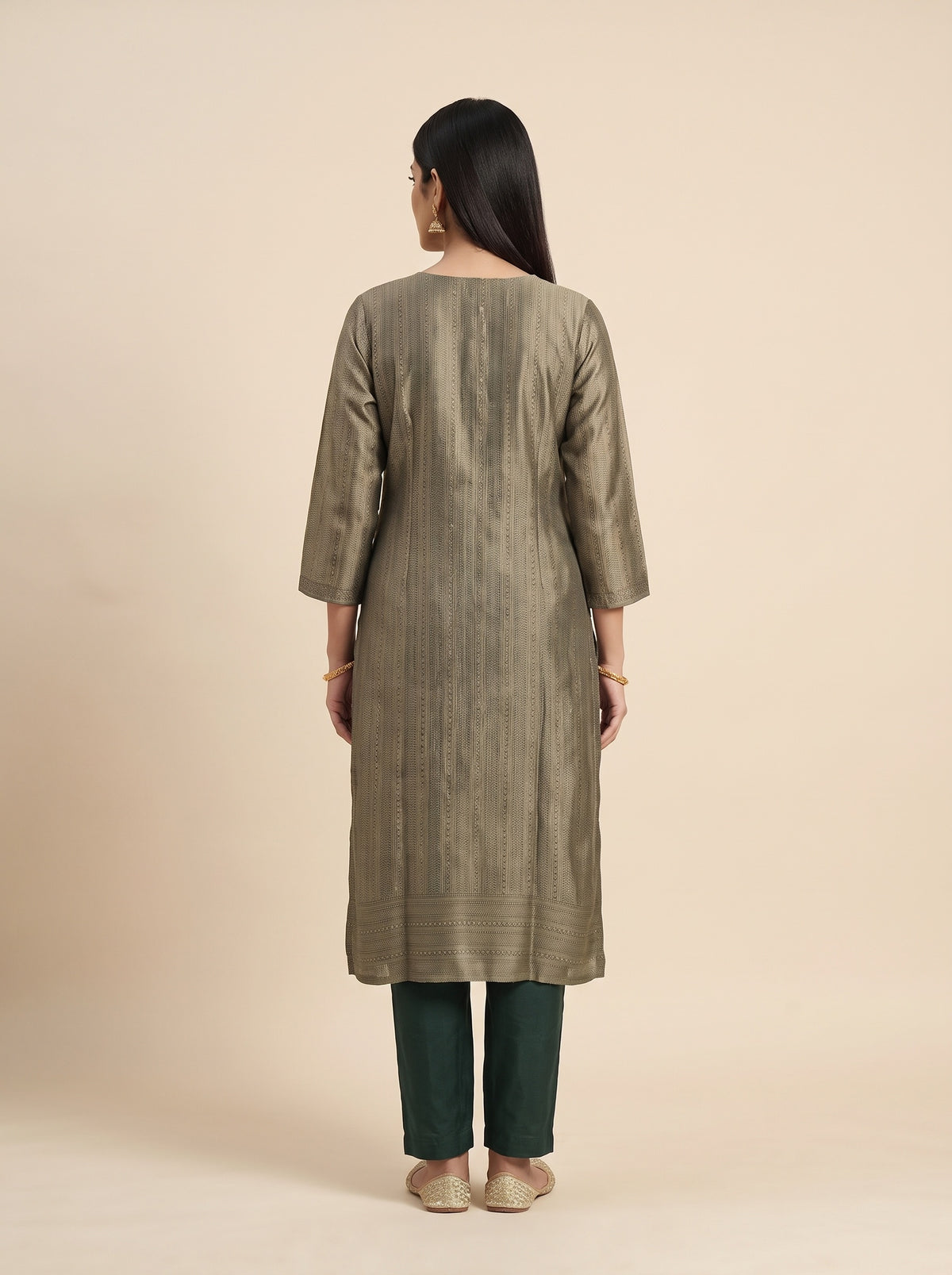 Emerald Sheen Bottle Green Shimmer Readymade Suit And Pant With Silk Dupatta - back