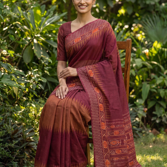 Mustard Maroon Cotton Floral Printed Saree - Mood