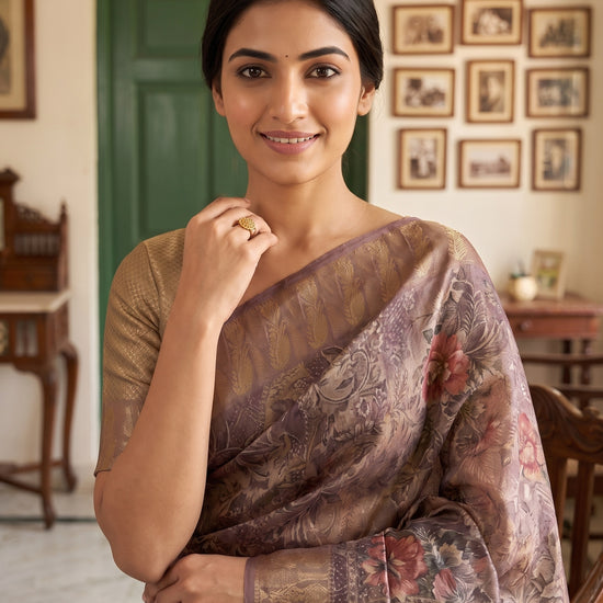 Metallic Mauve Organza Floral Printed Saree - Close Up