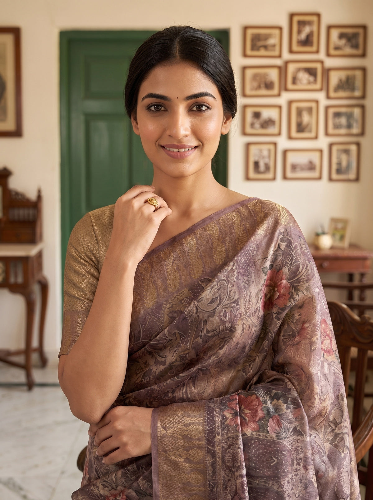 Metallic Mauve Organza Floral Printed Saree - Close Up