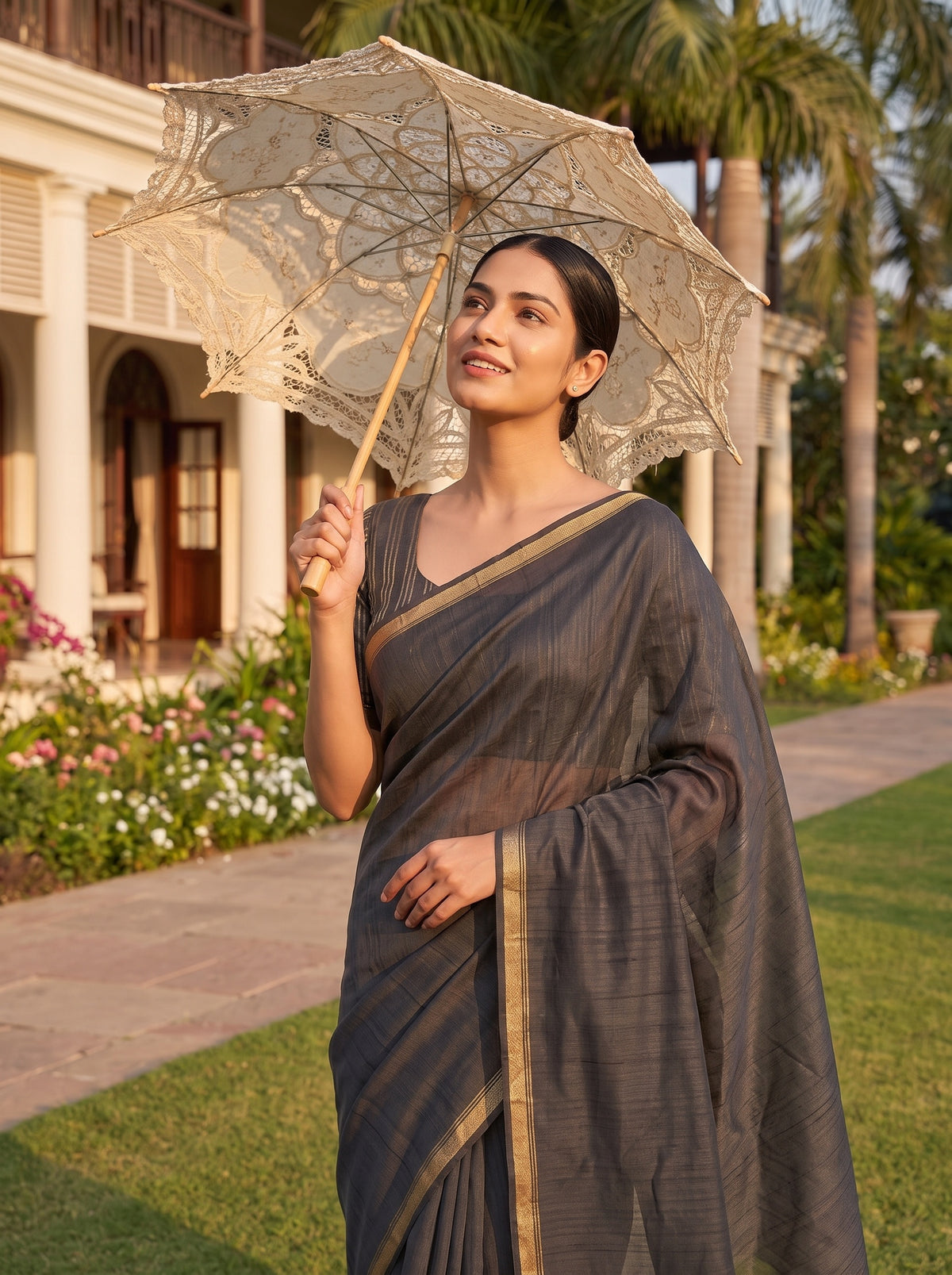 Black Cotton Zari Saree - Mood