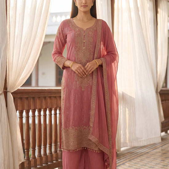 Blush Reverie Gajari Georgette Readymade Suit And Palazzo With Georgette Dupatta - hero