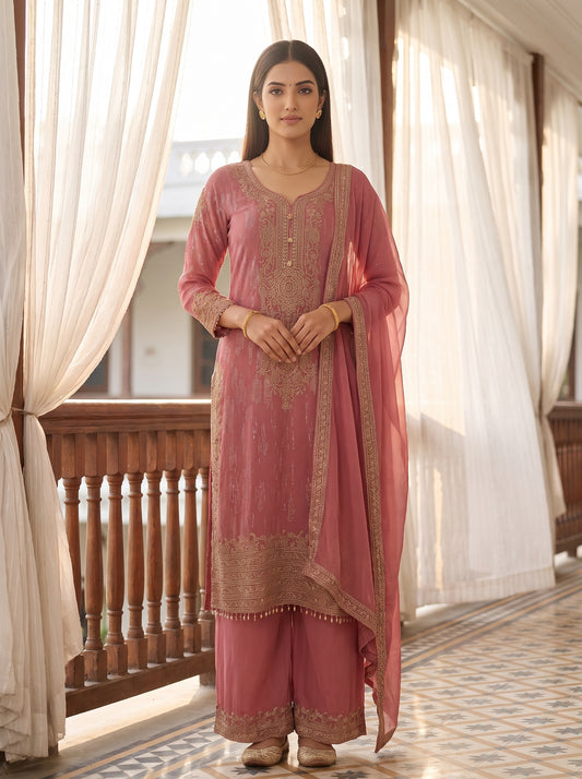 Blush Reverie Gajari Georgette Readymade Suit And Palazzo With Georgette Dupatta - hero