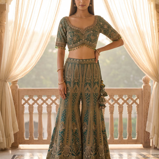 Mint Mirage Green Crepe Readymade Crop Top And Sharara Set With Dupatta - mood
