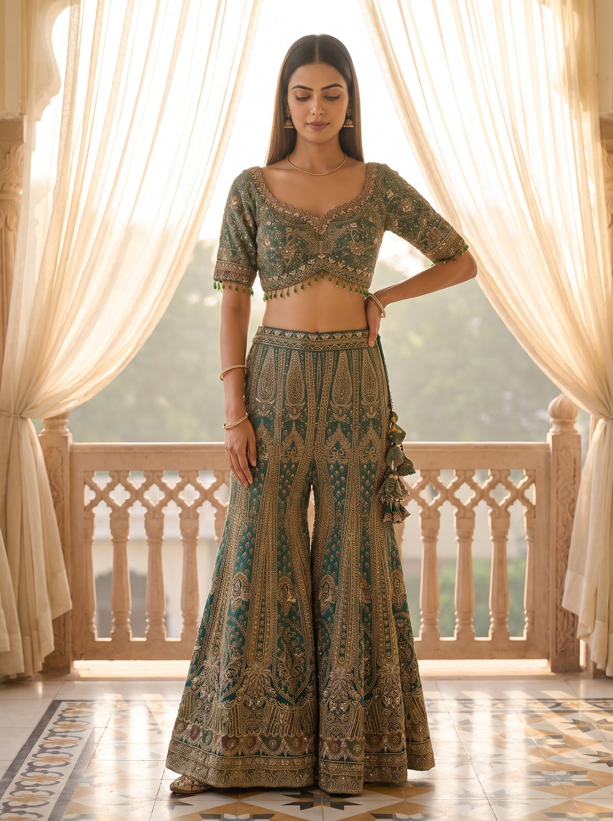 Mint Mirage Green Crepe Readymade Crop Top And Sharara Set With Dupatta - mood