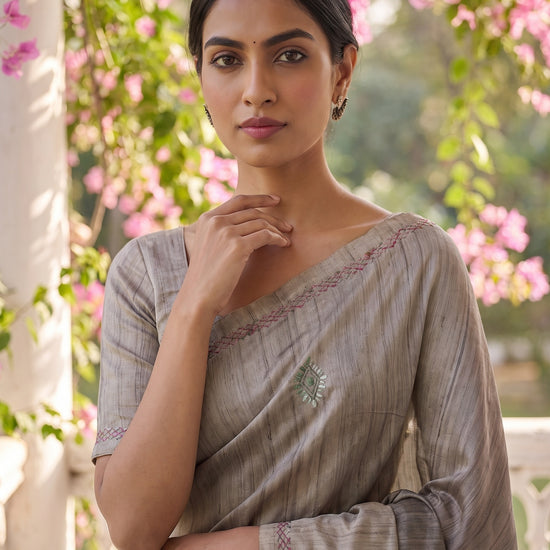 Grey Cotton Thread Work Saree - Close Up