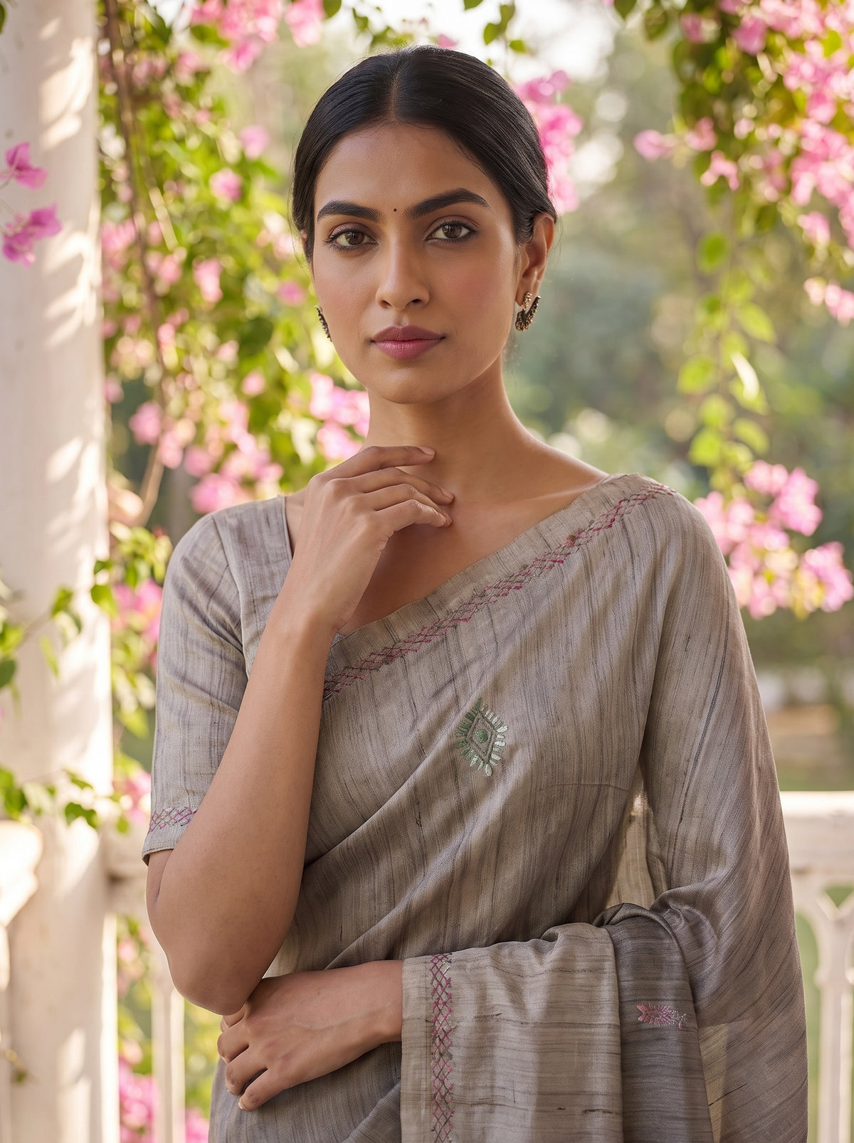 Grey Cotton Thread Work Saree - Close Up