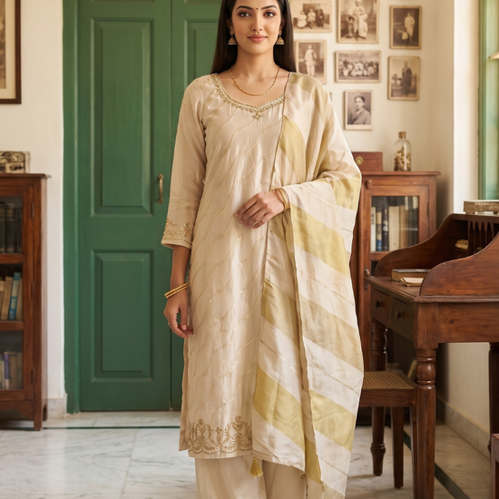 Ivory Whisper Tussar Crepe Readymade Suit - hero