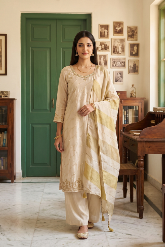 Ivory Whisper Tussar Crepe Readymade Suit - hero
