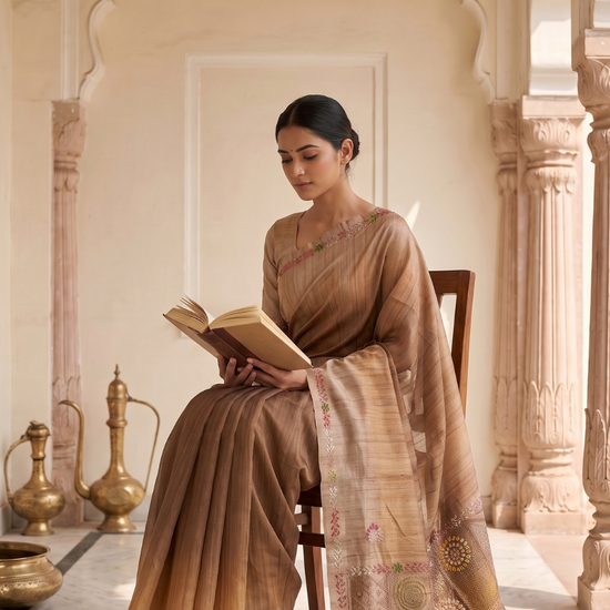 Mustard Cotton Thread Work Saree - Mood