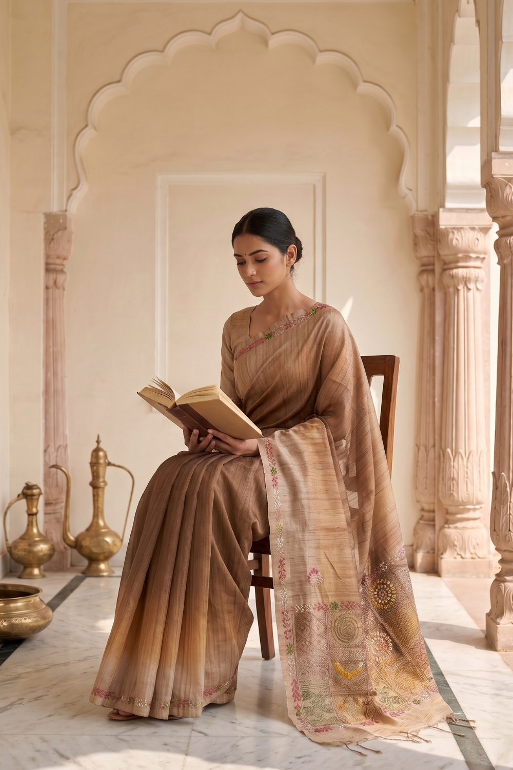 Mustard Cotton Thread Work Saree - Mood