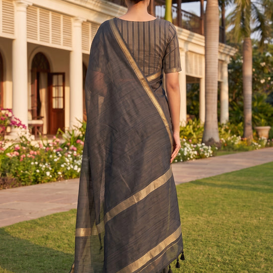 Black Cotton Zari Saree - Back