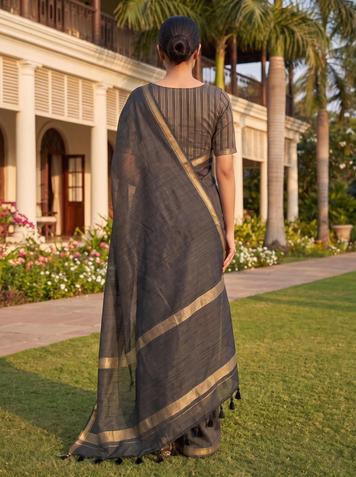 Black Cotton Zari Saree - Back