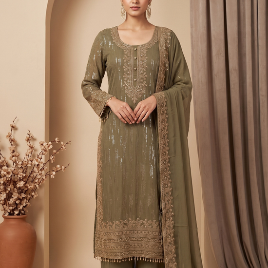 Gilded Sage Metallic Grey Georgette Readymade Kurta And Pant Set With Dupatta - hero