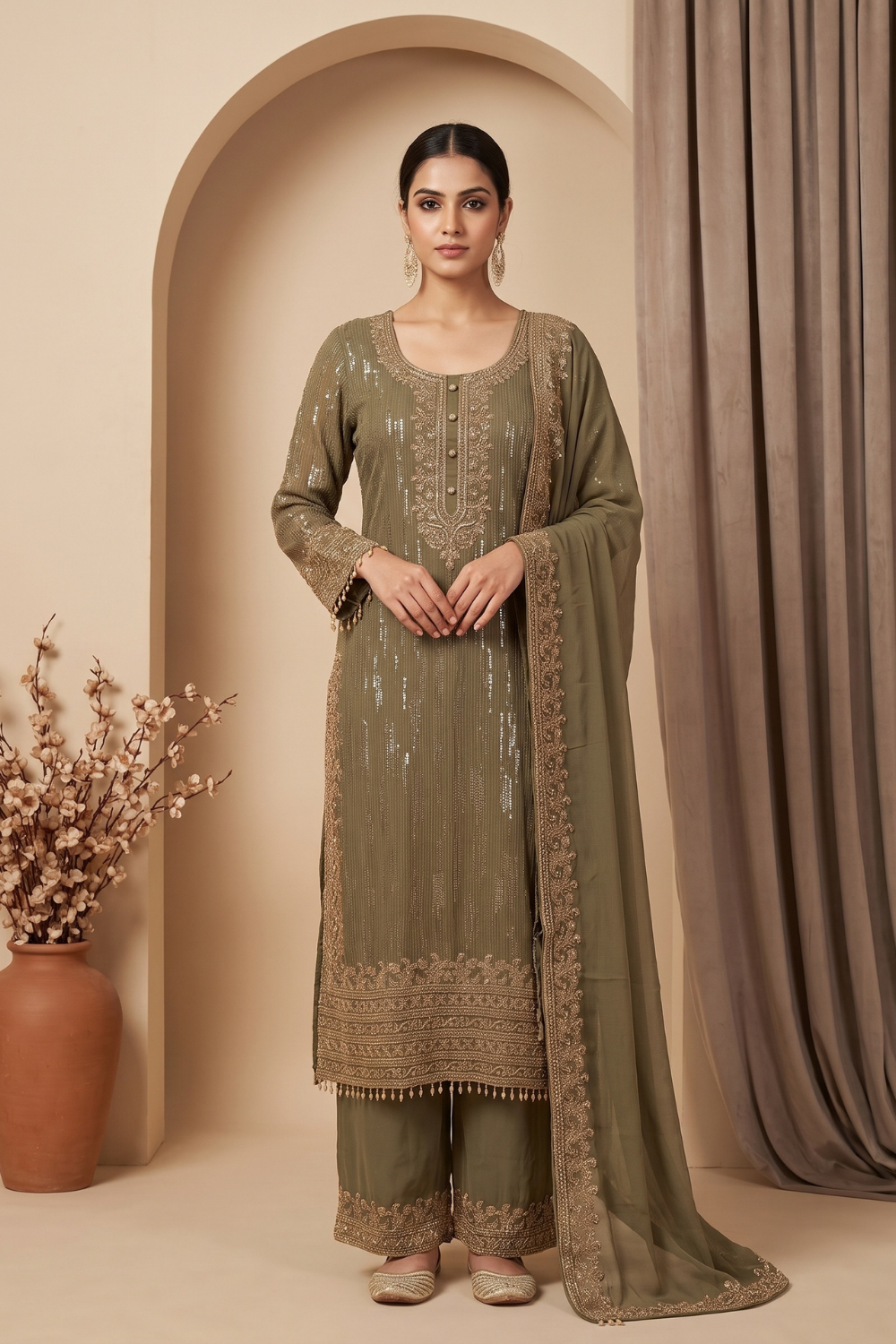 Gilded Sage Metallic Grey Georgette Readymade Kurta And Pant Set With Dupatta - hero