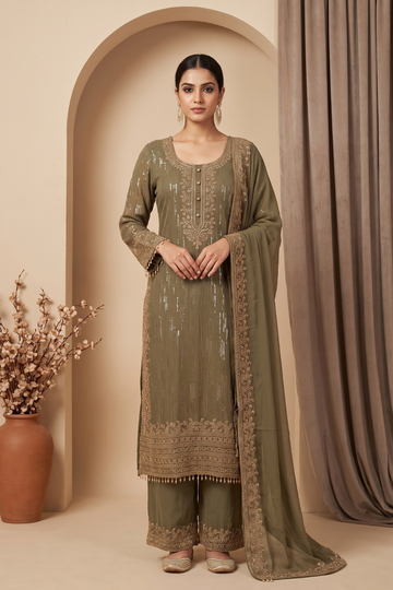 Gilded Sage Metallic Grey Georgette Readymade Kurta And Pant Set With Dupatta - hero