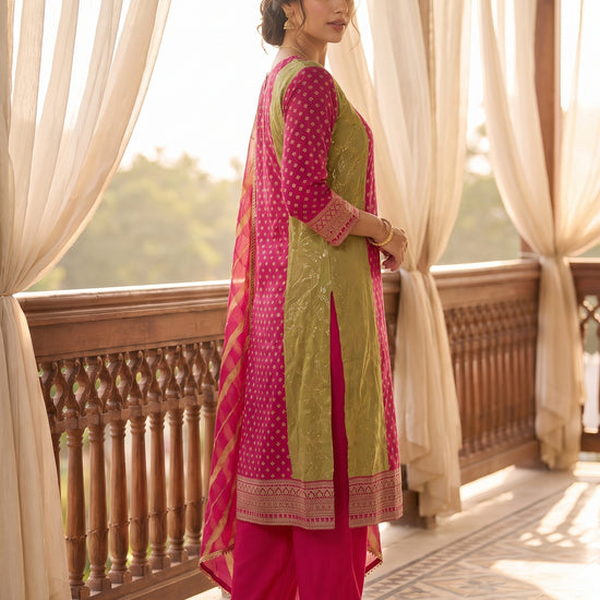 Rangeela Rani Pista Georgette Readymade Suit And Pant With Leheriya Dupatta - side
