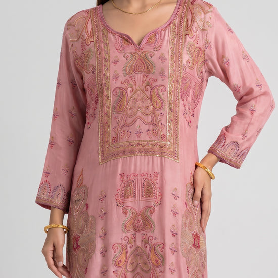 Rosewood Gajari Crepe Readymade Suit And Palazzo With Printed Dupatta - closeup