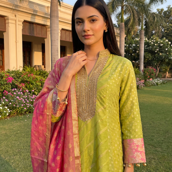 Citrus Bloom Pista Coral Chinon Readymade Suit And Salwar With Chinon Dupatta - closeup
