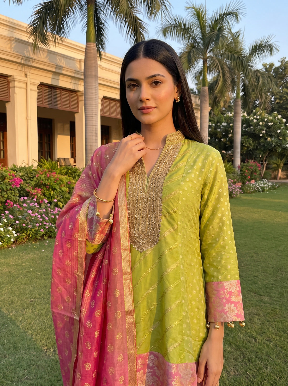 Citrus Bloom Pista Coral Chinon Readymade Suit And Salwar With Chinon Dupatta - closeup
