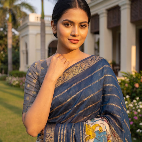 Tusser Navy Muslin Printed Saree - Close Up
