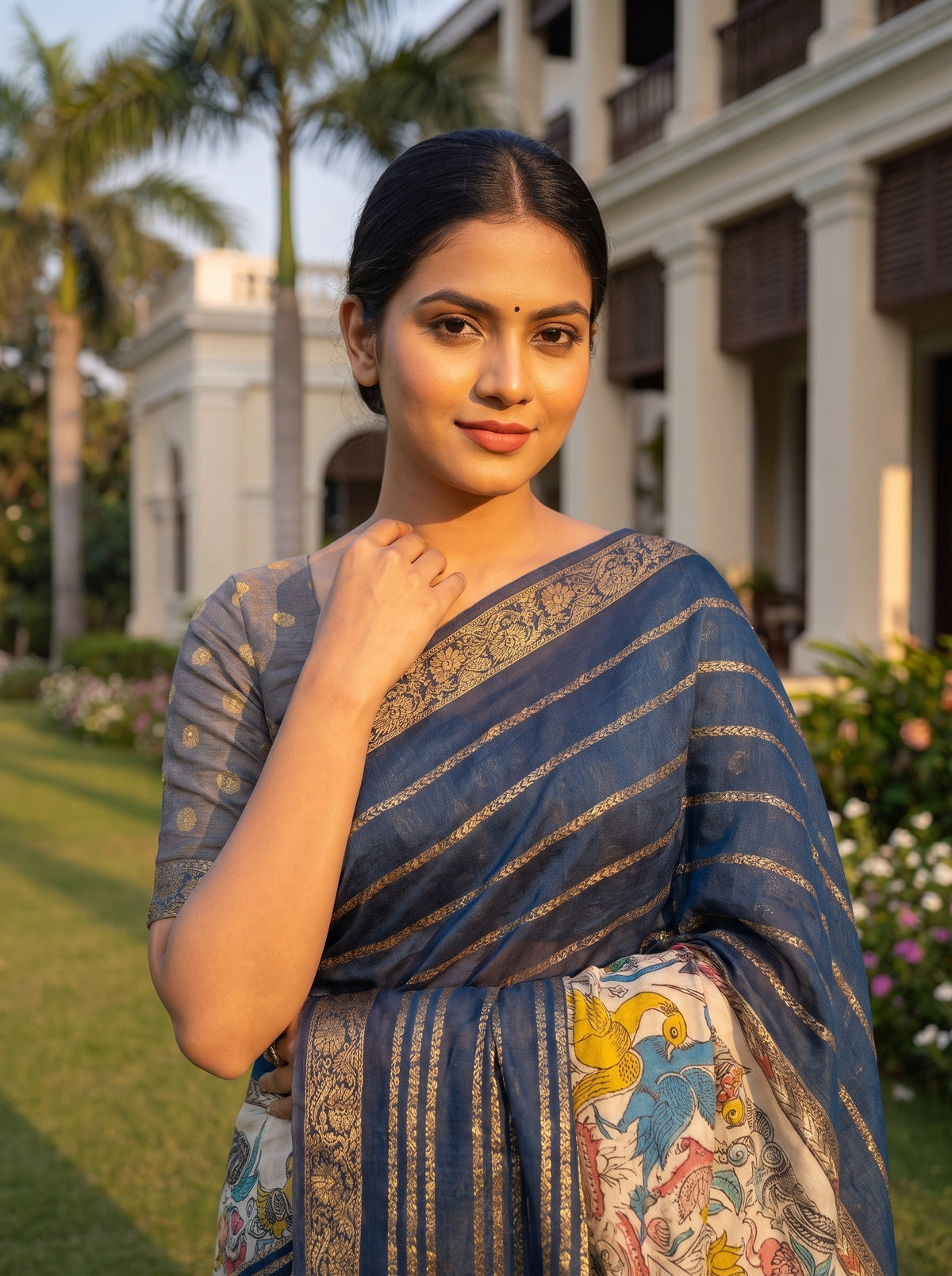 Tusser Navy Muslin Printed Saree - Close Up