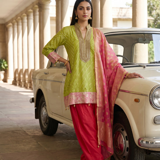 Citrus Bloom Pista Coral Chinon Readymade Suit And Salwar With Chinon Dupatta - mood