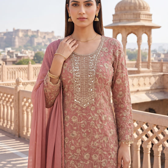Rose Heritage Gajari Georgette Readymade Embroidered Suit And Palazzo With Georgette Dupatta - closeup