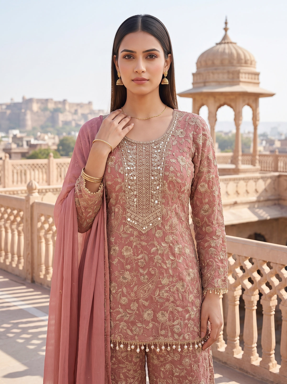 Rose Heritage Gajari Georgette Readymade Embroidered Suit And Palazzo With Georgette Dupatta - closeup