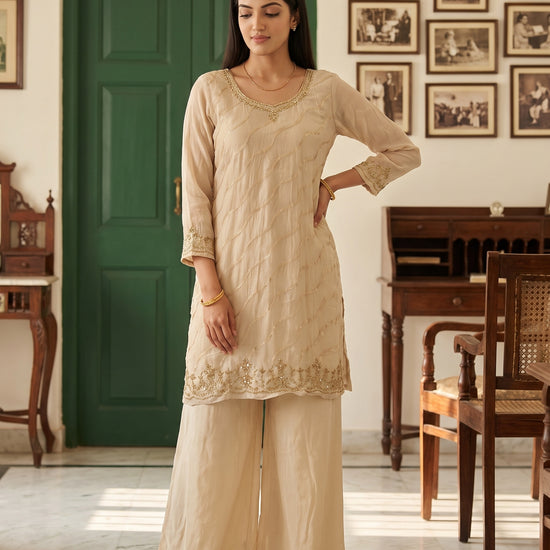 Ivory Whisper Tussar Crepe Readymade Suit - mood