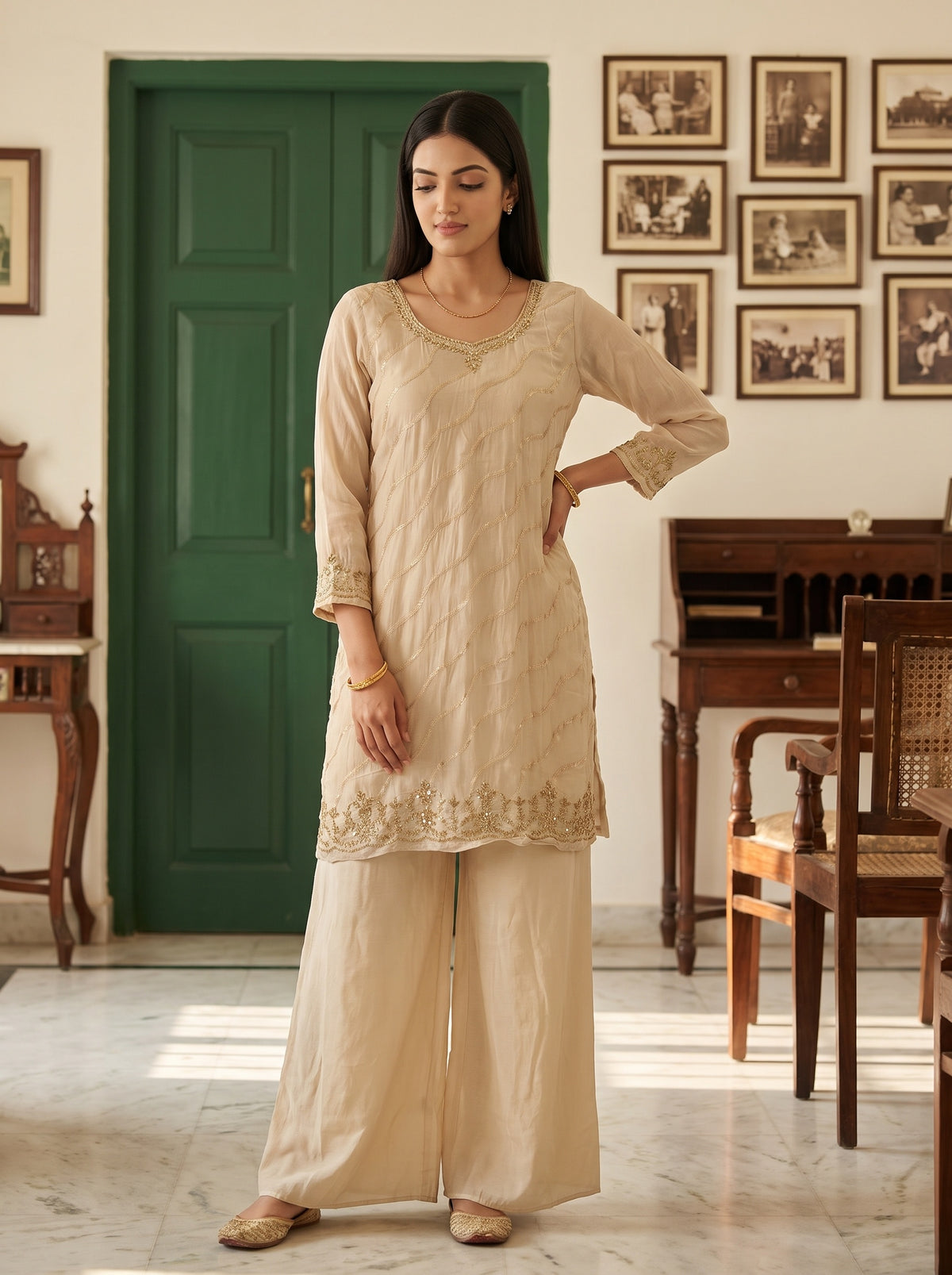 Ivory Whisper Tussar Crepe Readymade Suit - mood