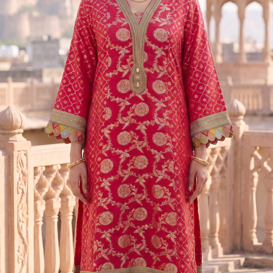 Coral Utsav Loom Readymade Suit And Palazzo With Leheriya Dupatta - closeup