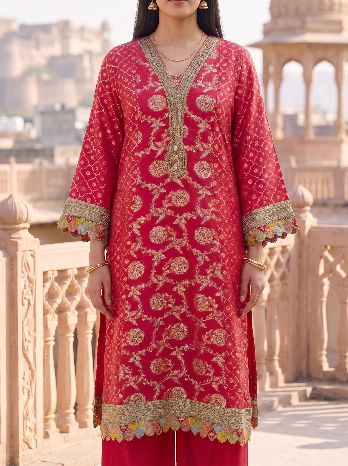 Coral Utsav Loom Readymade Suit And Palazzo With Leheriya Dupatta - closeup