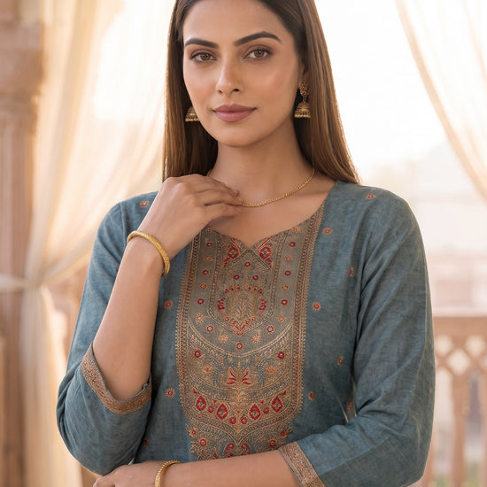 Monsoon Slate Grey Cotton Readymade Suit - closeup