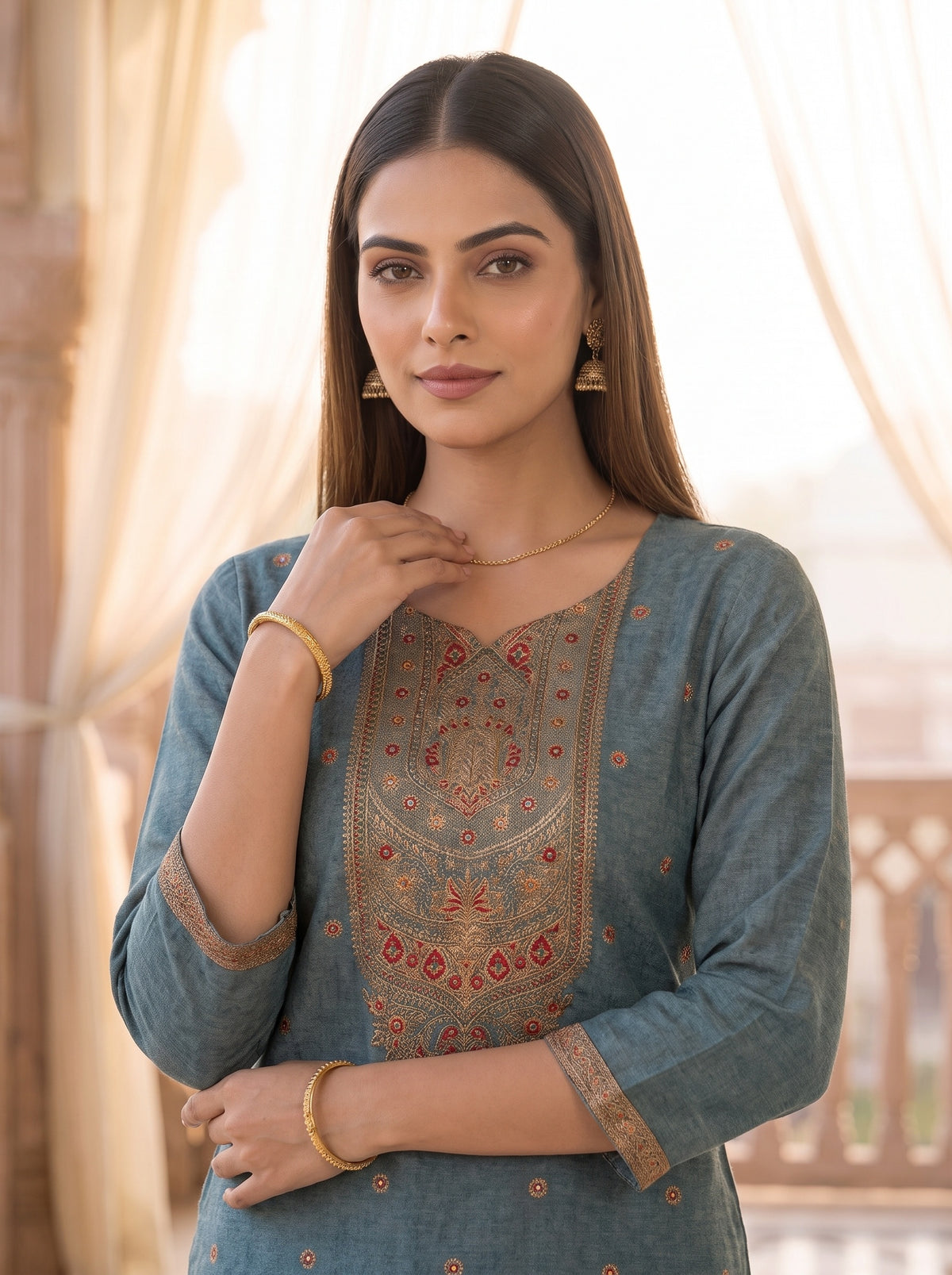 Monsoon Slate Grey Cotton Readymade Suit - closeup