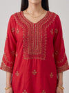 Scalloped Grace Maroon Cotton Readymade Suit And Palazzo With Dupatta - closeup