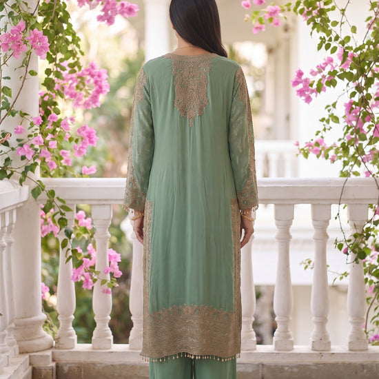 Seafoam Grace Sea Green Georgette Readymade Suit - back