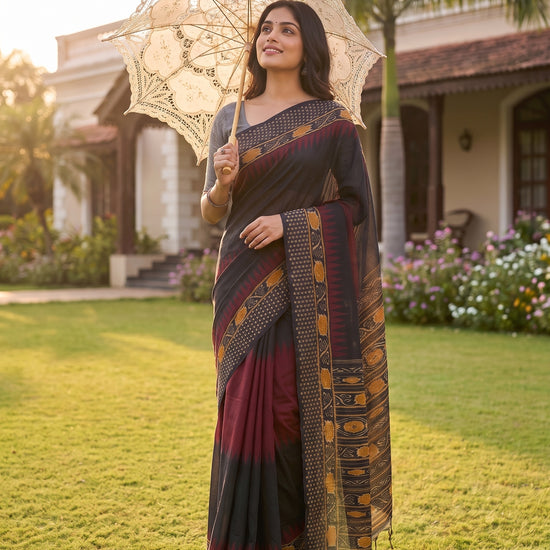 Black Maroon Cotton Zari Saree - Mood