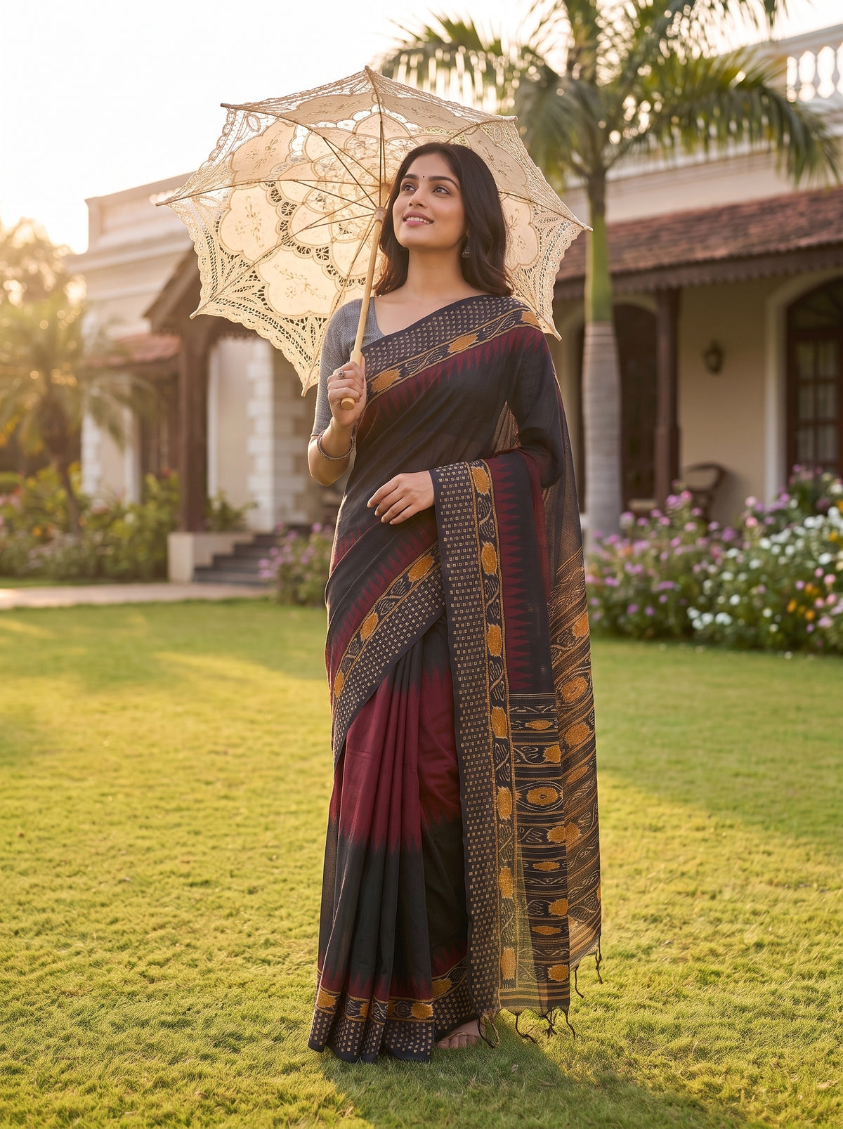Black Maroon Cotton Zari Saree - Mood