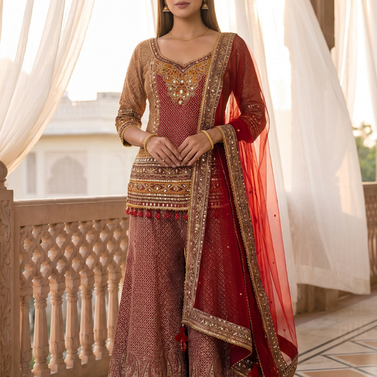 Rosewood Regal Maroon Crepe Readymade Embroidered Sharara Set With Red Dupatta - hero