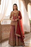 Rosewood Regal Maroon Crepe Readymade Embroidered Sharara Set With Red Dupatta - hero